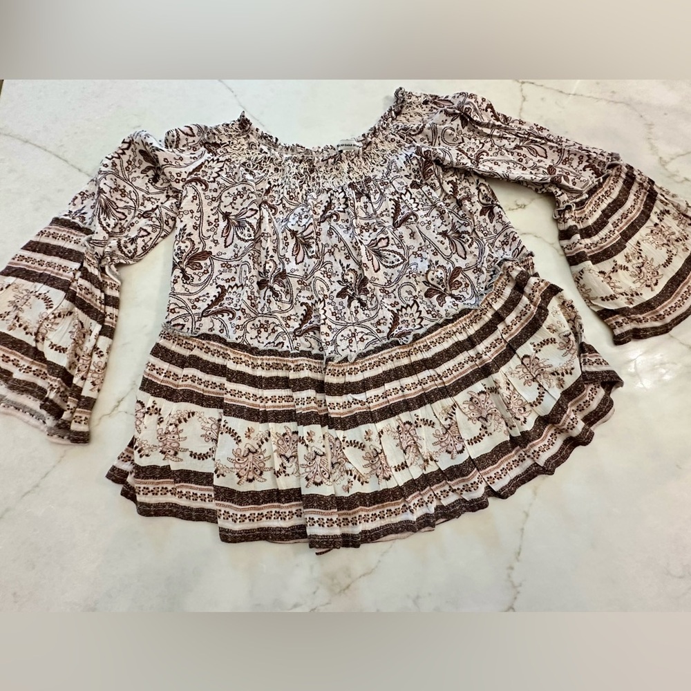 American Eagle Outfitters Cream and Brown Smocked Tiered Tunic
